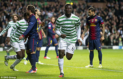 Celticu2019s Kenyan midfielder Victor Wanyama wheeled away as Parkhead erupted early in the first half. Net photo.