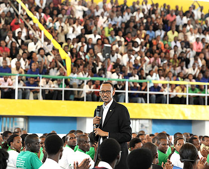 President Kagame addresses Genocide survivor students at Petit Stade in Kigali yesterday. The New Times / Village Urugwiro.