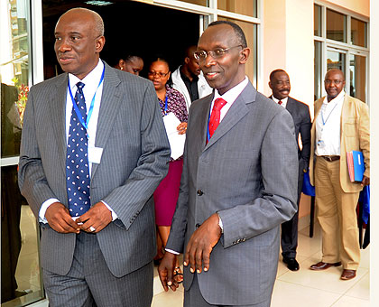 ICTR Chief Prosecutor Hassan Bubacar Jallow (L) and Chief Justice Sam Rugege in Kigali yesterday. The New Times / T. Kisambira.