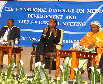 Foreign Affairs Minister Louise Mushikiwabo (C) speaks to participants at the media conference in Kigali yesterday. The New Times / Courtesy.