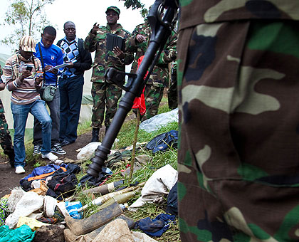 Journalists being shown the ammunitions and other military accessories that were recovered from the FDLR insurgents in Cyanzarwe. The New Times T.Kisambira