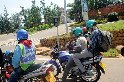 Motorcycle taxi operators at work. Theft of motocycles is on the increase in South. The New Times / File.