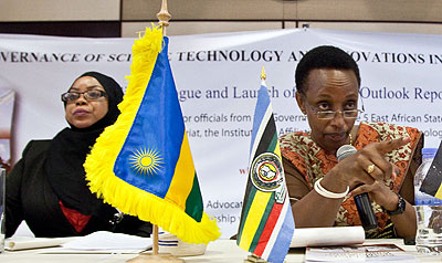 EALA MP Maryam Yahya Ussi (L) and Dr. Marie Christine Gasingirwa, of  the Education ministry, at the launch of the report yesterday. The New Times / Timothy Kisambira.