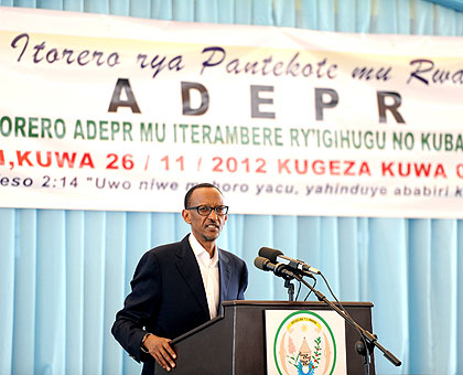 President Kagame speaking at the closure of the ADEPR retreat at Petit Stade in Kigali yesterday. The New Times / Village Urugwiro.