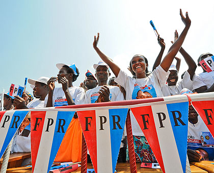 RPF supporters chant a party slogan during a past campaign in Gisagara. The New Times / File.