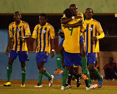 Amavubi players celebrate a goal during a friendly match against Namibia last month at Amahoro stadium. The New Times / File