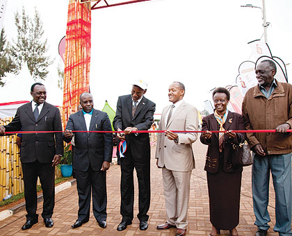 L-R: Francois Kanimba, Trade and Industry Minister; Prime Minister Pierre Damien Habumuremyi; Franu00e7ois Ngarambe, RPF Secretary General; Faustin Mbundu, Chairman, PSF; Senators Marie Claire Mukasine and Tito Rutaremara at the opening of the Prosperity Expo in Kigali yesterday. The New Times/Timothy Kisambira.