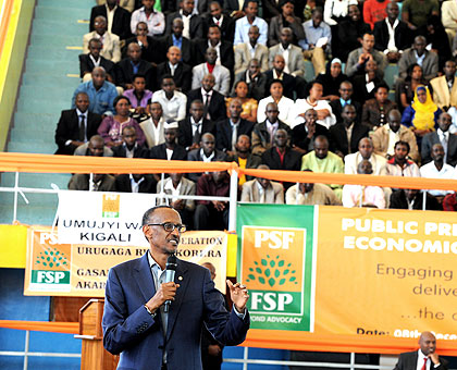 President Kagame addresses business leaders at the Presidential Investorsu2019 Round Table at Petit Stade in Kigali yesterday.  The New Times / Village Urugwiro.