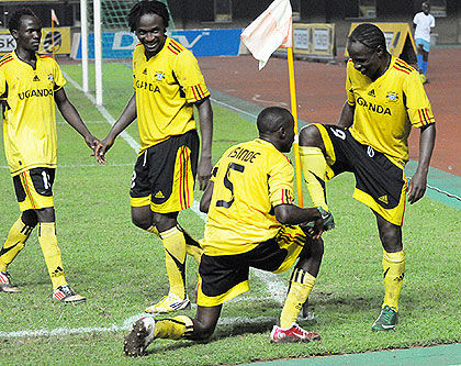 Uganda Cranes striker Robert Sentongo (right) celebrates with team mate Isaac Isinde after scoring the opening goal in the final on Saturday.  New Vision photo.