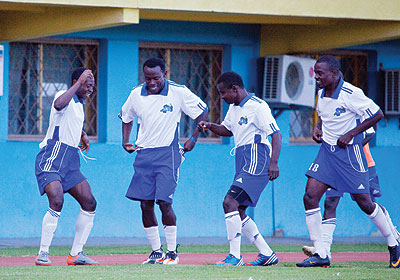 Rayon players celebrate a goal during a recent league game. Rayon Sports will play Ugandau2019s SC Villa in the RPFu2019s anniversary football tournament on Sunday. The New Times/T. Kisambira.