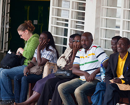 Some of the passengers stranded at Jaguar offices in Nyabugogo Bus terminal. The New Times / T. Kisambira.