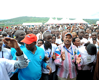 Crowd cheering following the launch of the construction of the upcoming RPF Headquarters by President Kagame and First Lady Jeannette Kagame. The New Times/Village Urugwiro.