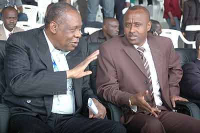 Caf President Issa Hayatou chating with Brig.Gen Jean Bosco Kazura during the African Junior Championships that were hosted by Rwanda. The New Times / File.