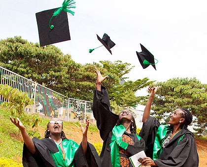 Happy graduands celebrate at the inaugural graduation of Rwanda Tourism College at Petit Stade yesterday. The New Times/T. Kisambira.