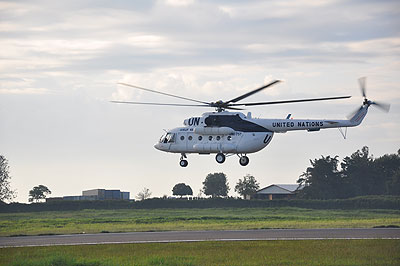 A Rwandan Air Force chopper departs from Kigali International Airport on Thursday to Juba, South Sudan. The New Times / Courtesy.