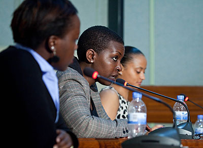 (L-R)Chance Tubane, Grace Nyinawumuntu, and Oria Kije, one of the organizers of Rwanda Job Day during a news briefing on Thursday. The New Times / T.Kisambira.