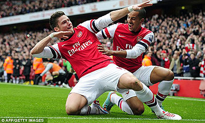 Giroud celebrates with Walcott after scoring for Arsenal against Newcastle United last Sunday. Net photo.