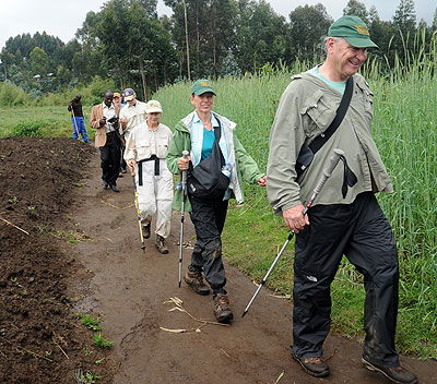 Tourists return from a Gorilla tracking expedition in Virunga National park last month. The New Times / John Mbanda.