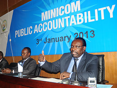 The Minister of Trade and Industry, Francois Kanimba (R), addresses stakeholders at the Public Accountability Day on Thursday. Left is the ministryu2019s Permanent Secretary Emmanuel Hategeka. The New Times/J. Mbanda.