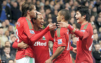 Swansea celebrate their lead at half-time in their Capital One Cup clash with Chelsea. Net photo.