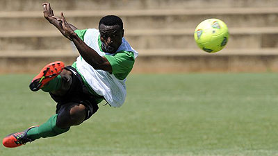 Chipolopolo captain Christopher Katongo shoots during a training session. Net photo.