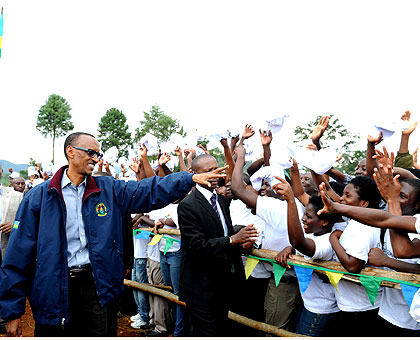 President Kagame arrives to meet residents of Nyamasheke yesterday.  The New Times  / Village Urugwiro. 