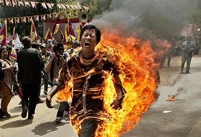 A dramatic Tibetan self-immolation in New Delhi; Such incidents have been on the rise in the Tibetan region of China as a form of protest. Net photo.