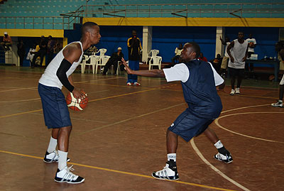 Youngster Lionel Hakizimana (left), seen here during a training session, is one of eight locally-based players in the 12-man squad that is seeking to defend their title won in 2011 in Kigali. Saturday Sport / T. Kisambira.