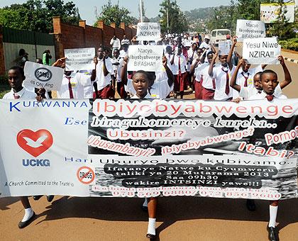 Students from Camp Kigali Secondary School in a march against drug abuse yesterday.  The New Times  / John Mbanda.