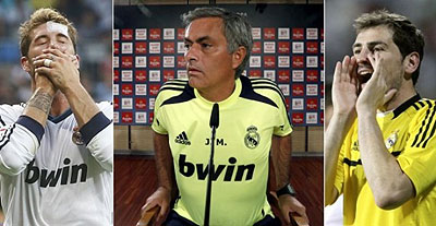 Spanish sports daily Marca reported that Ramos (L) and Casillas (R) want Mournho (C) out in June. Net photo