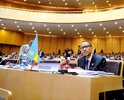 President Kagame addresses the AU assembly during the debate on the situation in Mali yesterday.  The New Times/ Village Urugwiro.