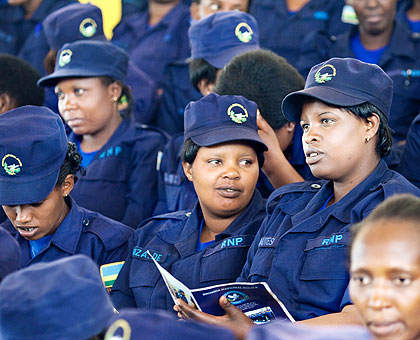 Female officers of the Rwanda National Police during the convention at Petit Stadium in Remera yesterday. Police chief Emmanuel Gasana said policies have been streamlined to ease work for policewomen. The New Times/ T. Kisambira. 