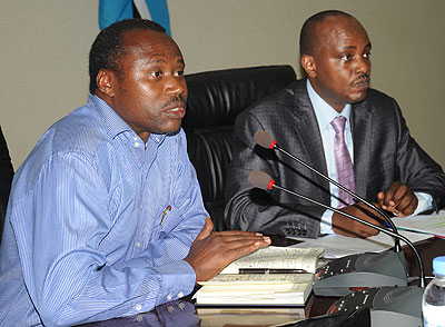 Ndagijimana (L) and Bayingana during the press briefing on Tuesday. New Times/John Mbanda.