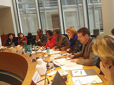 Foreign Minister Louise Mushikiwabo (centre) and Rwandau2019s Ambassador to Germany, Christine Nkurikiyinka, before the German parliamentary committees yesterday. The New Times/Courtesy. 