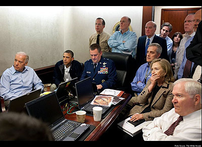 US President Obama(2nd L) Secretary of State Hillary Clinton(2nd R) and other senior officials watch as an operation to strike Osama bi Laden unfolds; Clinton flinched visibly moved by her maternal instincts.  Net photo.