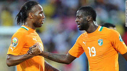 Ivory Coast's veteran captain Didier Drogba (left) and teammate Yaya Touru00e9. Net photo.