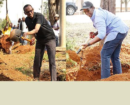 President Kagame and the First Lady join residents of Kanyinya to dig water channels yesterday. Sunday Times / Village Urugwiro.