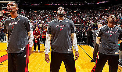 Miamiu2019s Big Three of (from left) Chris Bosh, LeBron James and Dwyane Wade has combined to miss only two games during the winning streak. Net photo.