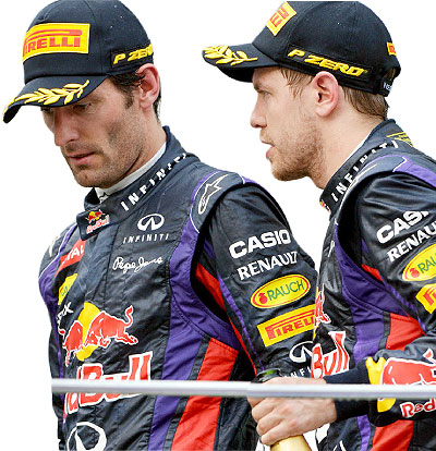 Vettel (right) ignored team orders and overtook Red Bull teammate Mark Webber (left) for the victory with just 10 laps remaining. Net photo.