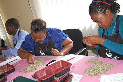 Trainees sieve coffee beans before roasting. The New Times / Courtesy photo.