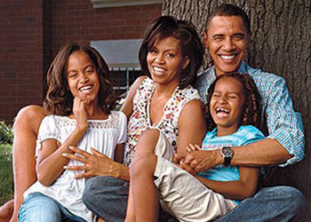 The Obamas with their children. Our parents love and care for us and we should love and obey them in return. Net photo.