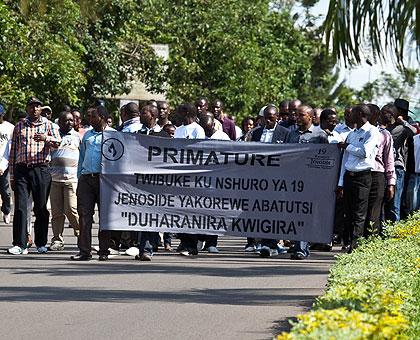 Staff from the Prime Minister's Office march to Gisozi. The Sunday Times/Timothy Kisambira