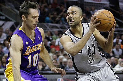 Tony Parker (right) had his way with the Lakers on Wednesday, finishing with 28 points, seven assists and no turnovers. Net photo.