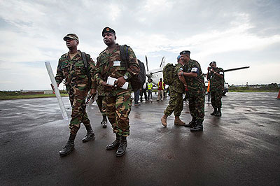 A joint team of Malawi, South Africa and Tanzania troops arrive in Goma, eastern DR Congo ahead of deployment of UNu2019s Intervention Brigade. Net photo.