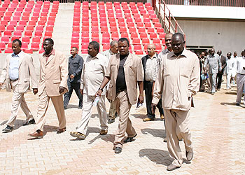 Cecafa SG Nicholas Musonye (front, fourth from left) inspects work at the new Kadugli Stadium in South Gordofan. The New Times/Courtesy