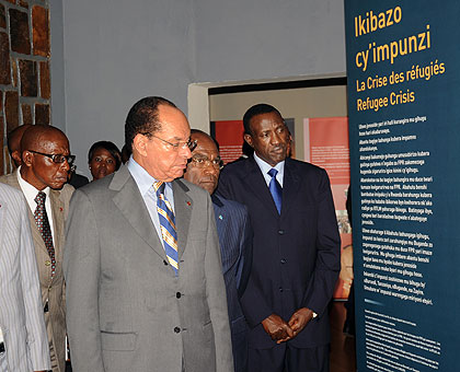 Senate President Ntawukuliryayo (R) along with visiting DR Congo Senators during the tour of Kigali Genocide Memorial Centre yesterday.  The New Times/ John Mbanda