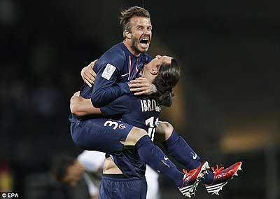 David Beckham and Zlatan Ibrahimovic show their delight at landing PSGu2019s first title in 19 years. Net photo