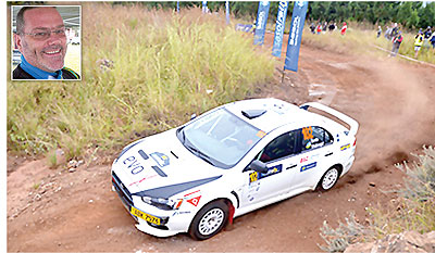 Giancarlo Davite (inset) in his new Mitsubishi Evo 10 had some good luck for the first time in three attempts on Zambian soil when he finished second in the weekend rally. Net photo.