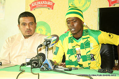 Yanga club chairman Abdallah BinKleb (L) and Haruna addressing the media after the signing of a two-year extension contract yesterday in Dar es salaam. Saturday Times / Courtesy.