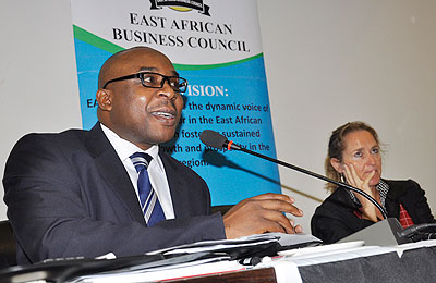 CEO of EABC, Luzze Andrew Kagwa, addressing journalists in Arusha. The New Times / S. Rwembeho.